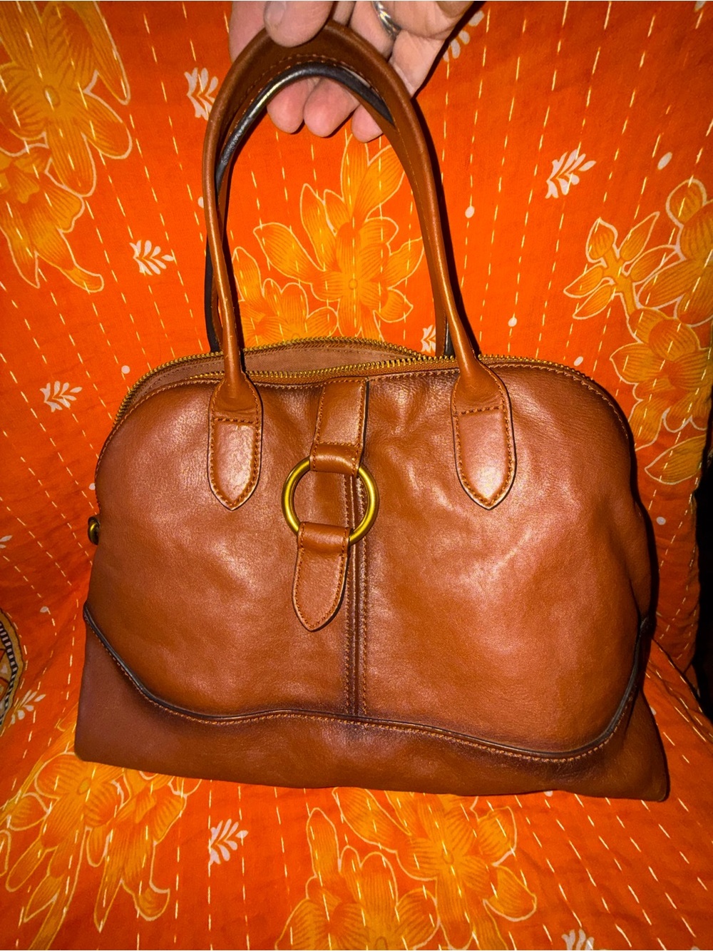 Frye Brown Leather Ring Dome Satchel Handbag Cognac Brass Hardware